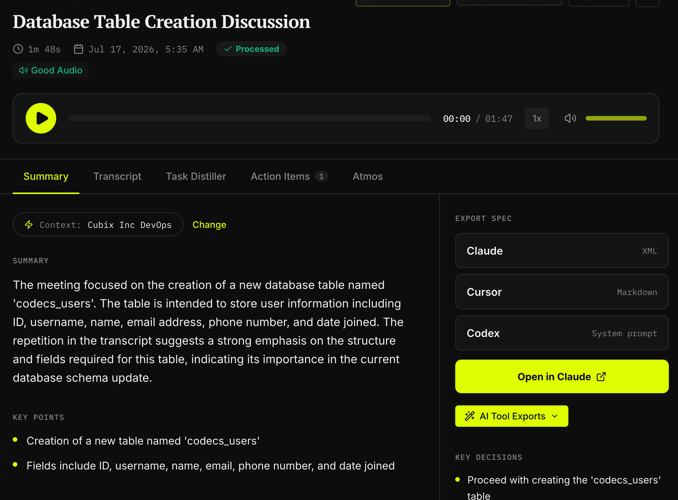 A processed Reverbic meeting in a dark interface. The page shows a summary, key points, decisions, and a selected project context. A panel on the right offers spec exports for Claude in XML, Cursor in Markdown, and Codex as a system prompt.