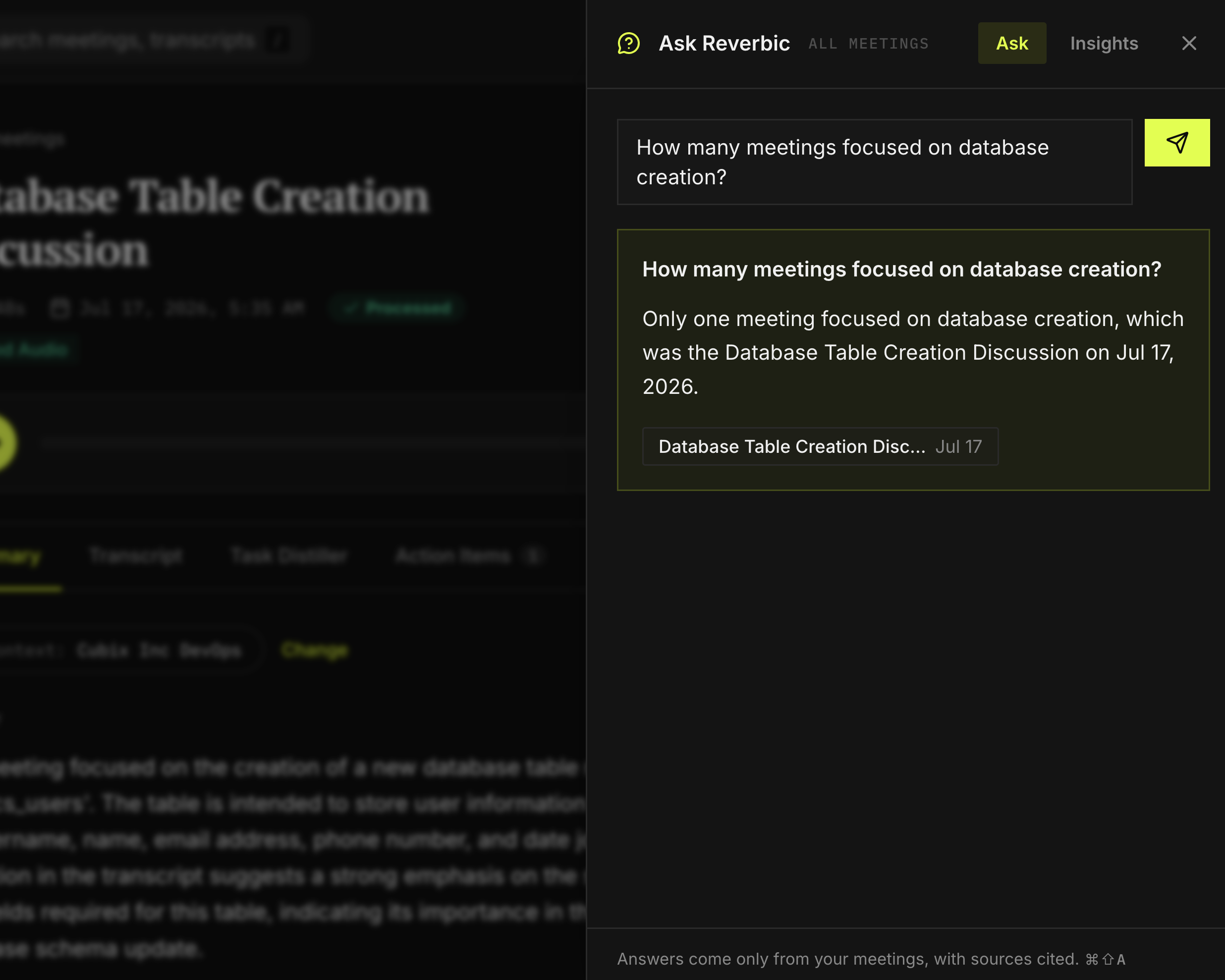 Ask Reverbic answering a question about a meeting with transcript citations