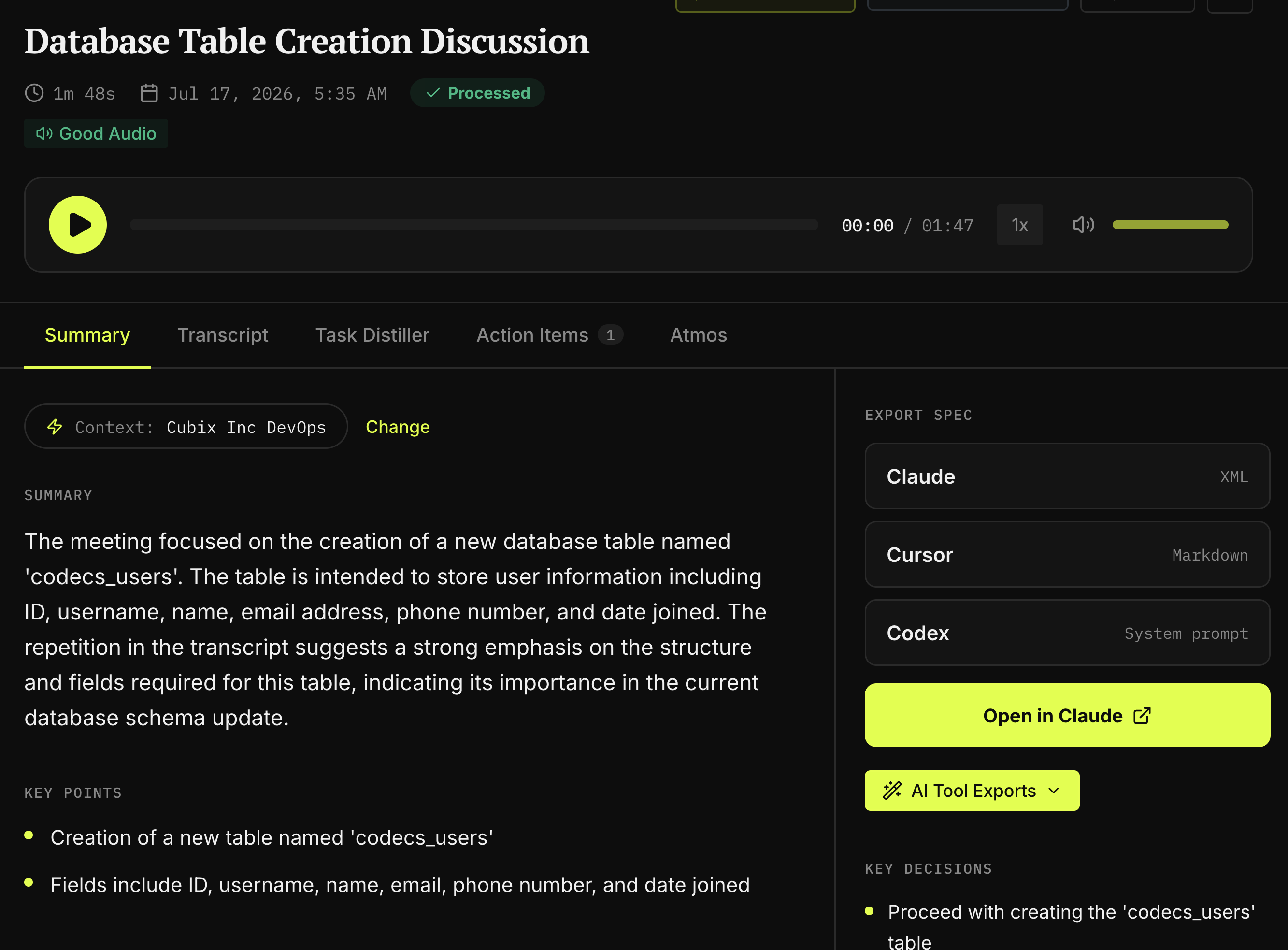 A processed meeting in Reverbic: summary, action items, and decisions