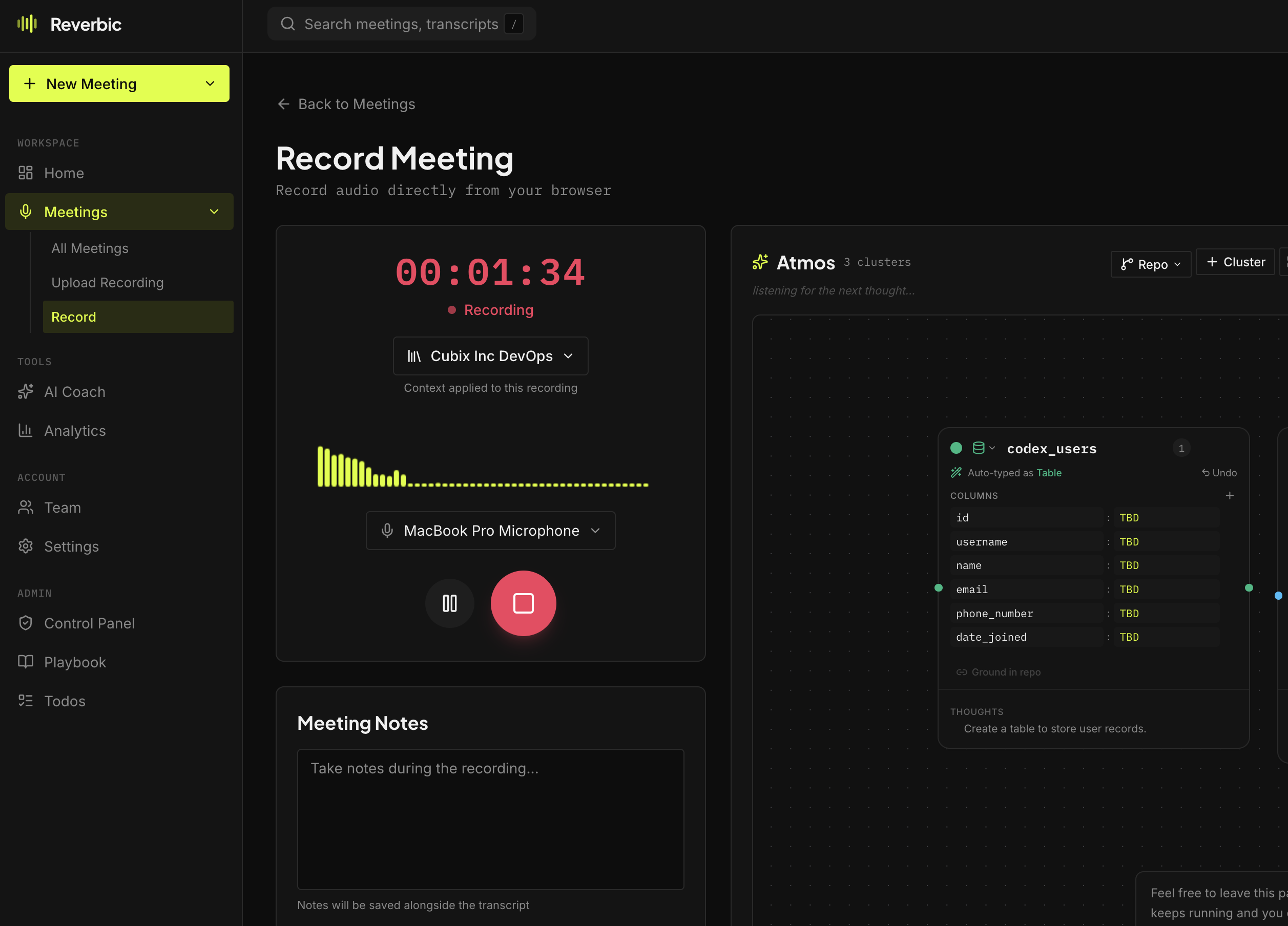 Recording a meeting in the Reverbic web app with live transcript